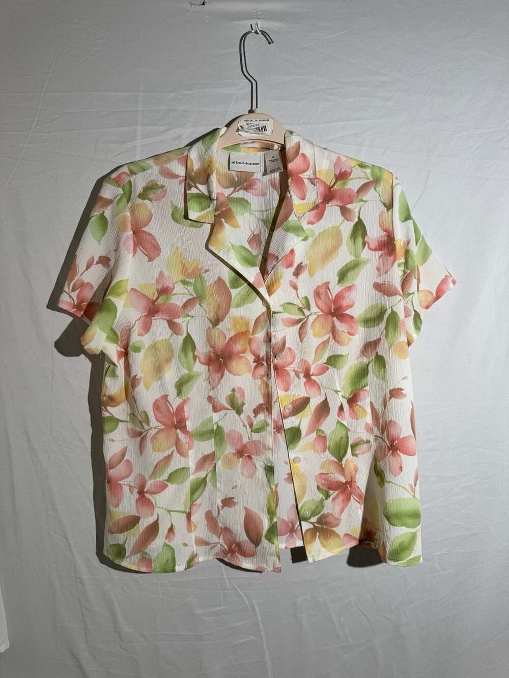 Alfred Dunner Floral Button Up Shirt Womens Textured Short Sleeve Blouse Top